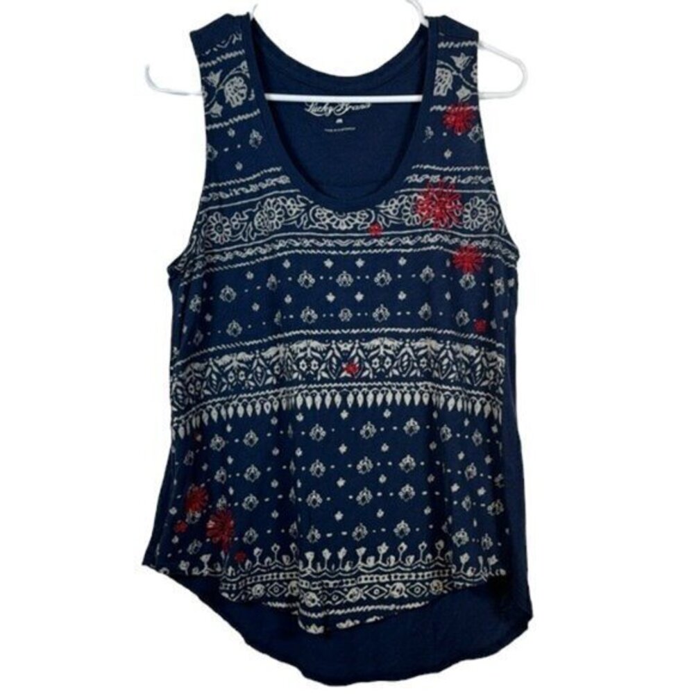Lucky Brand Tank Top Sleeveless Blouse Blue White V-Neck Size Med EUC #7076